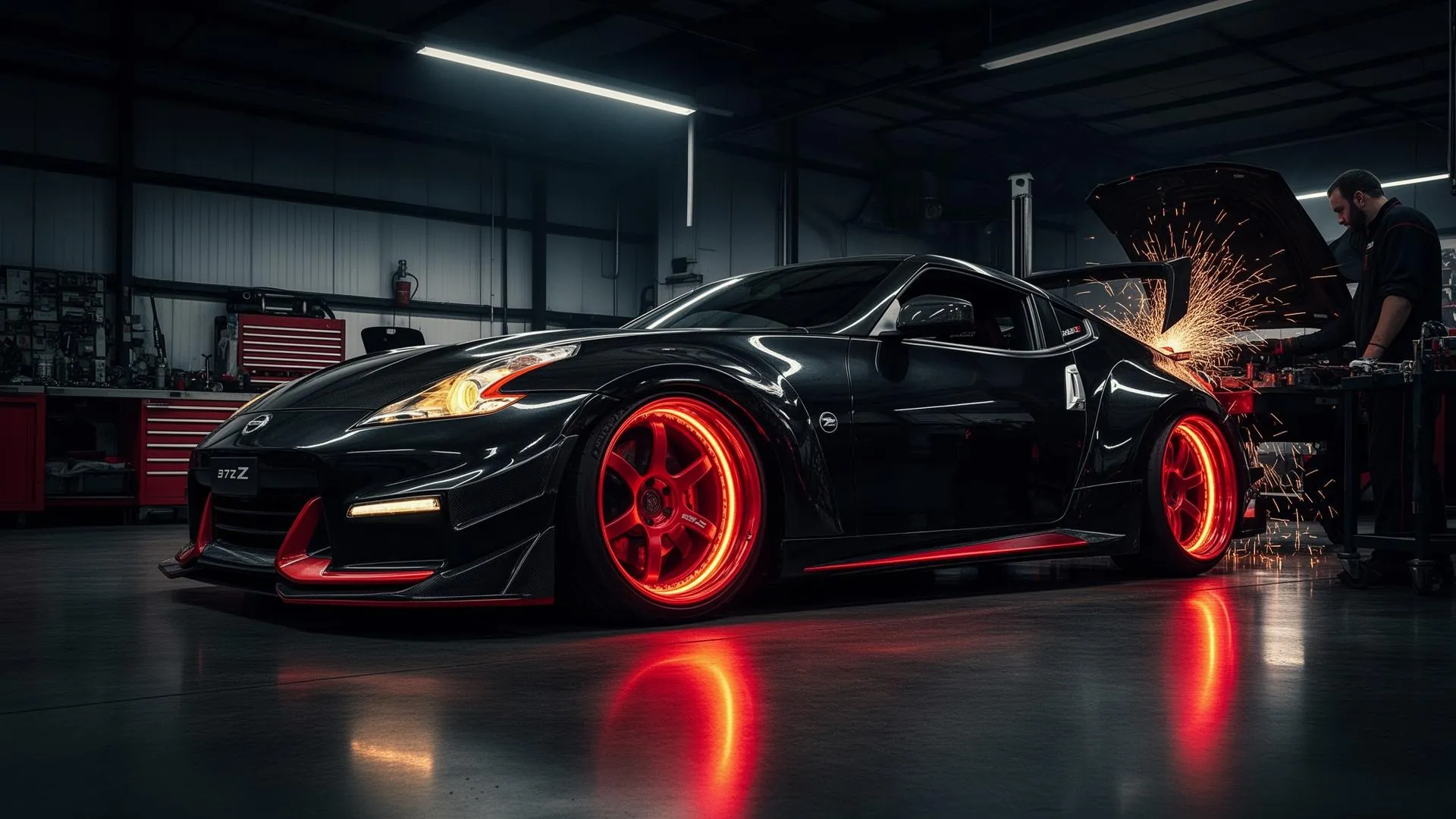 Modified sports car being tuned at GZ Performance shop in Tampa